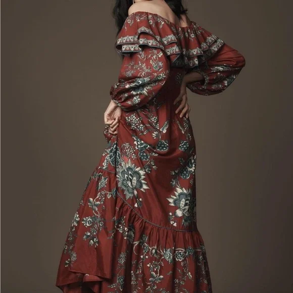 NWT Burgundy off the shoulder, ruffle, blue and white floral pattern maxi dress - Picture 4 of 4